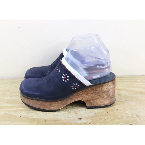Vintage Tommy Hilfiger Shoes 7.5M Blue Leather Wooden Platform Chunky Y2K Clogs - Picture 1 of 11